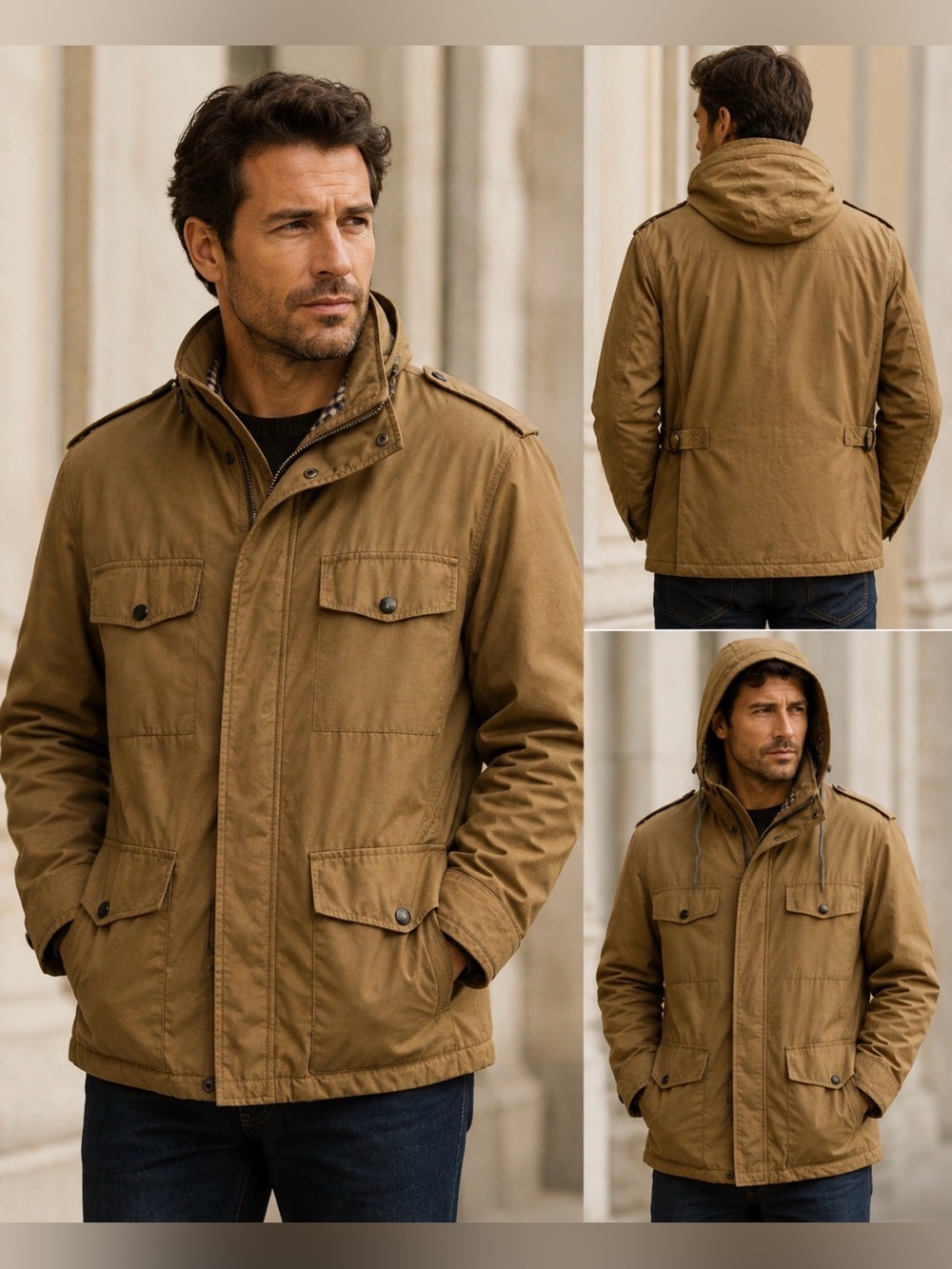 Aquascutum of London Tan Wax Coated Zip Out Hood Utility Field Jacket 42 VINTAGE